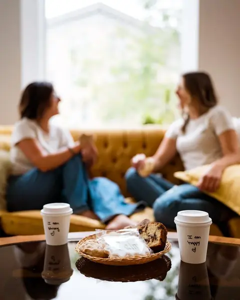 Two guests chatting with coffee on the velvet lounge sofa
